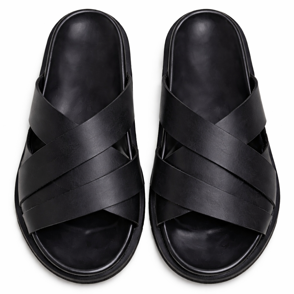 Black Cross Strap Slip On Sandal For Men